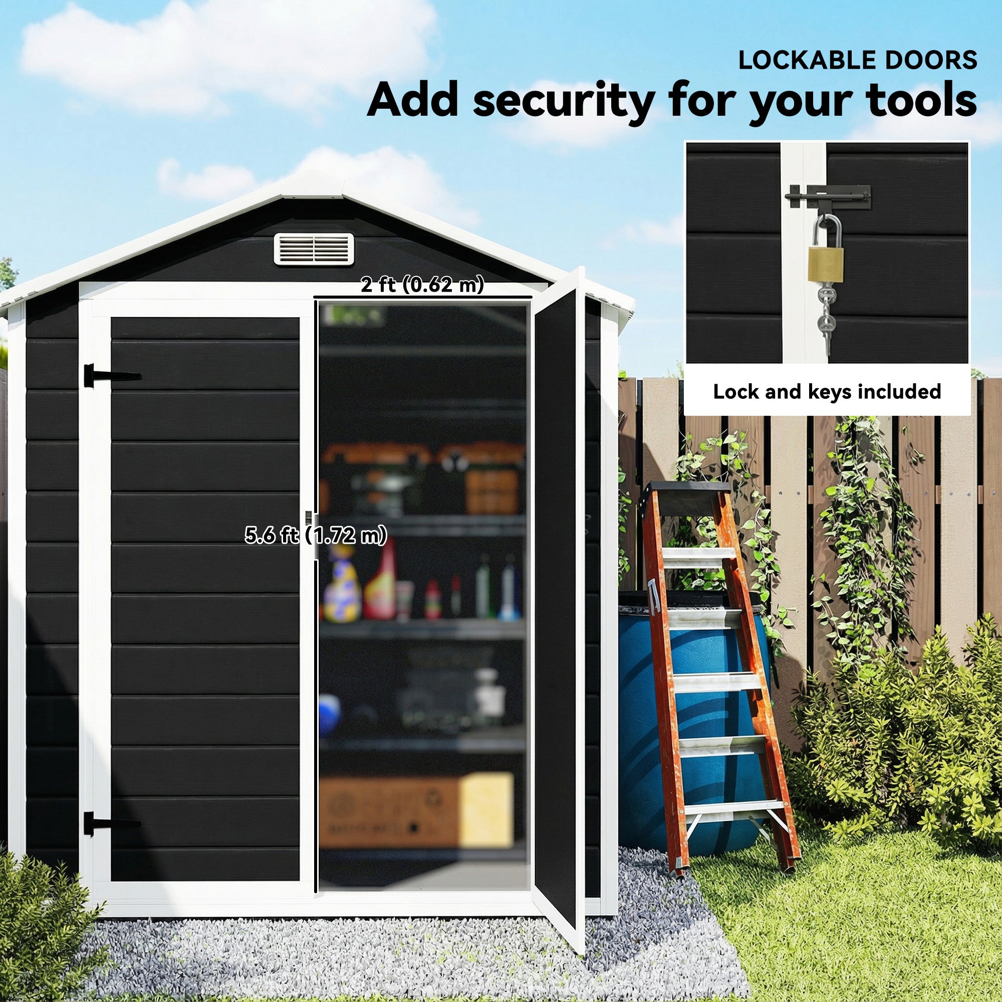 Outsunny 6'x4.5' Garden Storage Shed, Lockable Garden Shed with Double Doors, Window, Vent and Plastic Roof, Black 