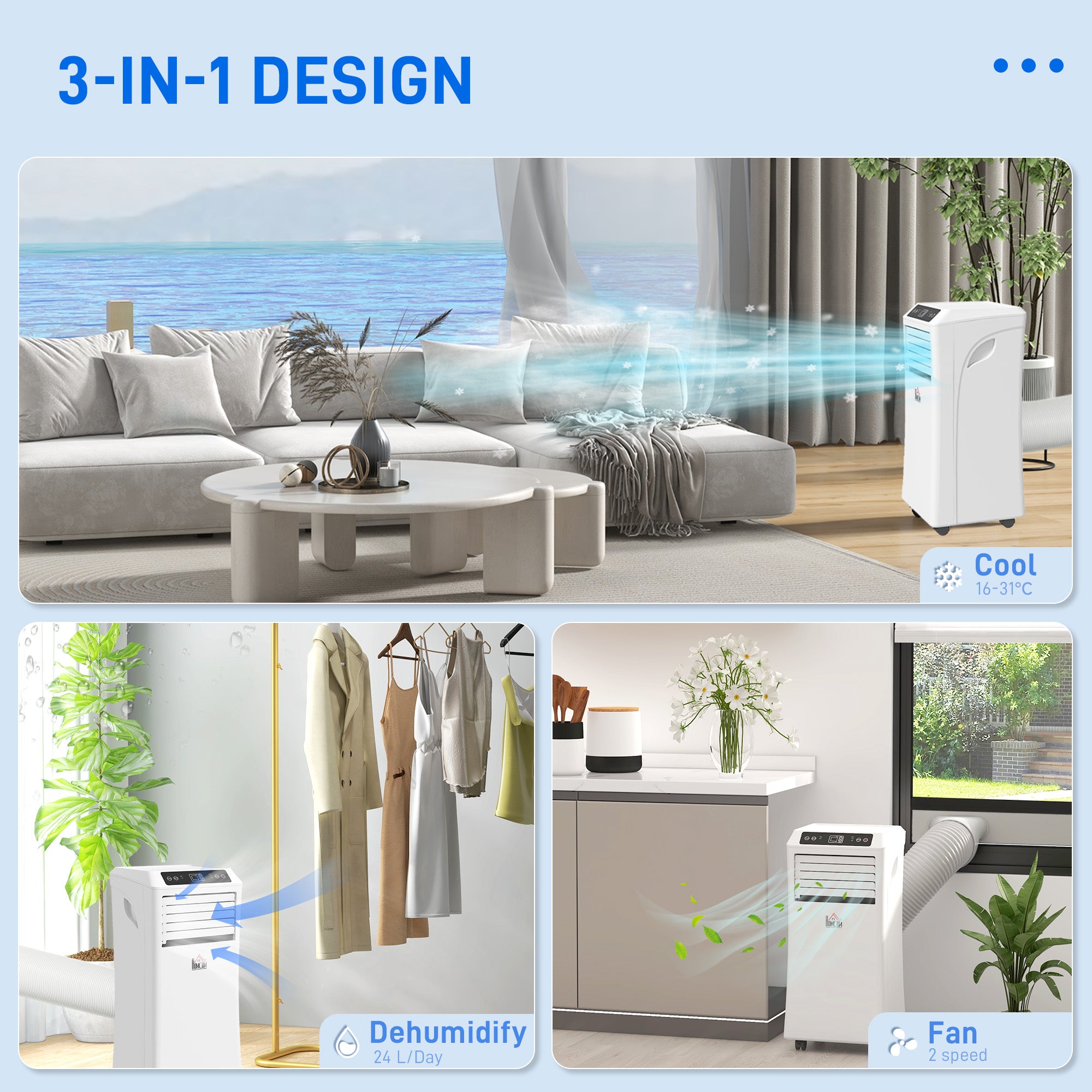 HOMCOM 9000 BTU Air Conditioning Unit, 3-in-1 Portable Air Conditioner, Dehumidifier, Cooling Fan with Remote Control, Digital Display, 2 Speeds, 24H Timer, Window Venting Kit, 18m² 