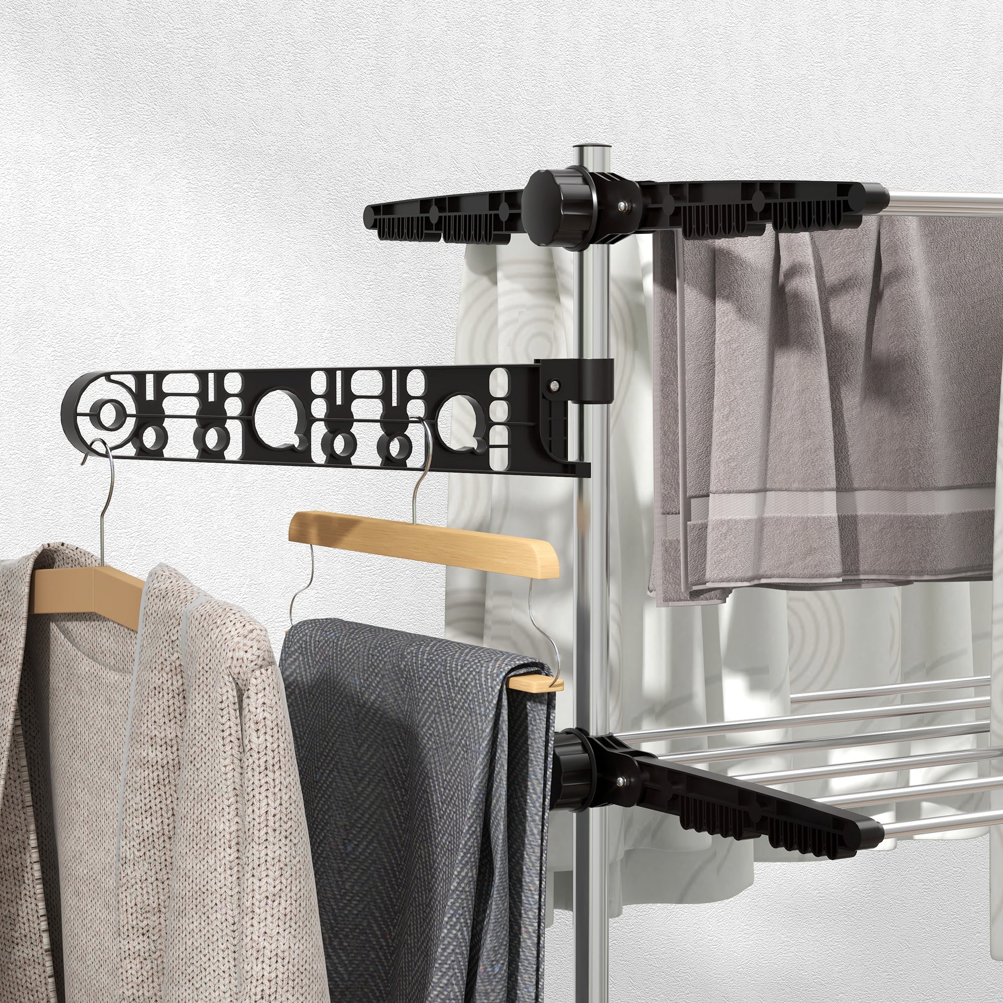 HOMCOM Four-Shelf Collapsing Clothes Horse, With Side Arms and Wheels - Black 
