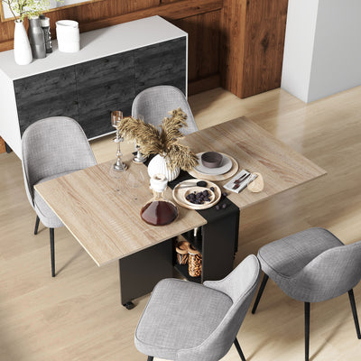 HOMCOM Folding Dining Table, Drop Leaf Table with 2-Tier Shelves, Rolling Casters, for Small Spaces, Kitchen, Oak and Black 