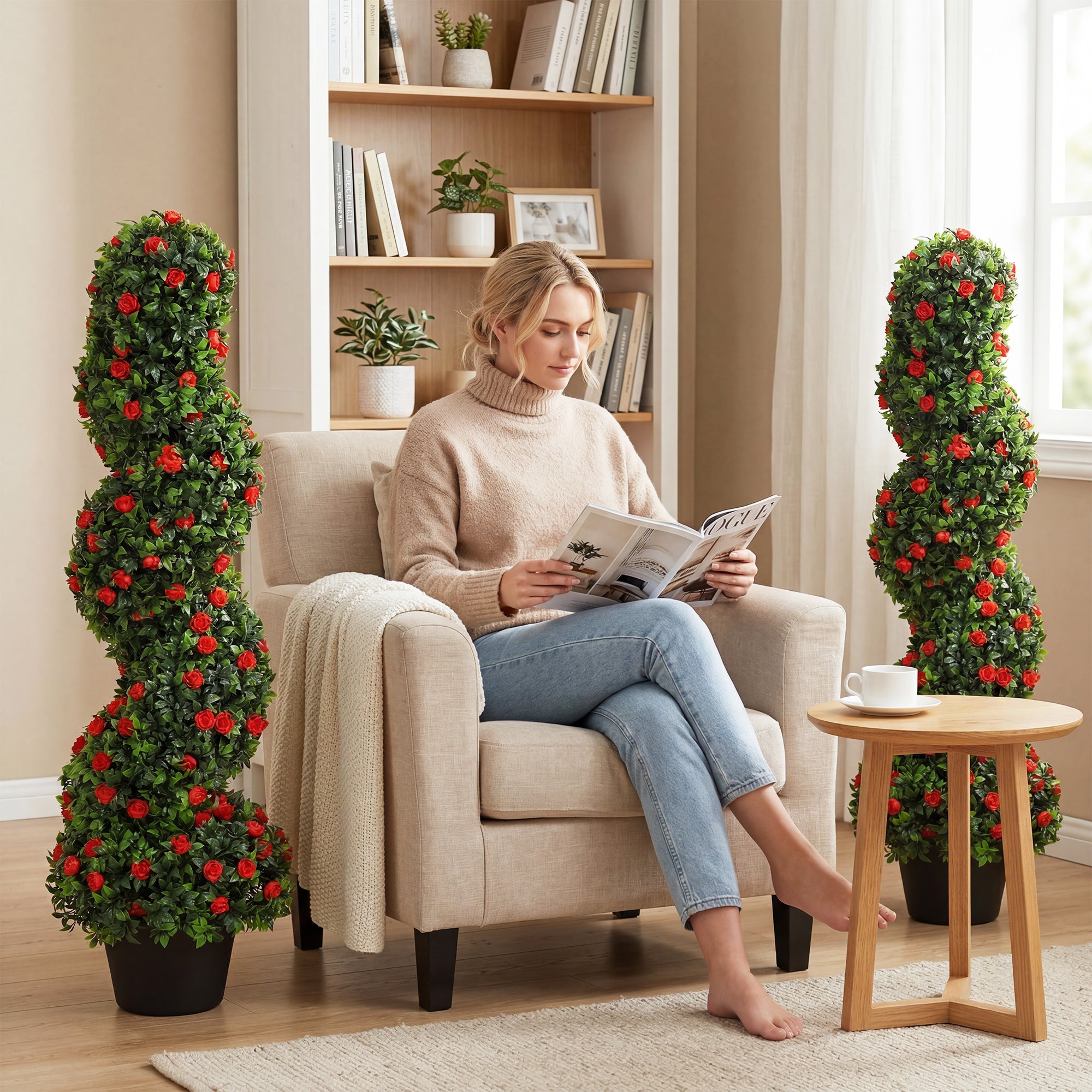 HOMCOM Artificial Rose Spiral Topiary Tree Set of 2, Indoor Outdoor Fake Plants with 630 Leaves, 90cm 