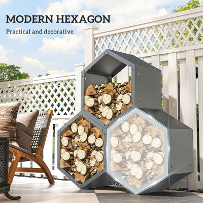 Outsunny Three-Shelf Hexagon Metal Firewood Rack - Grey 