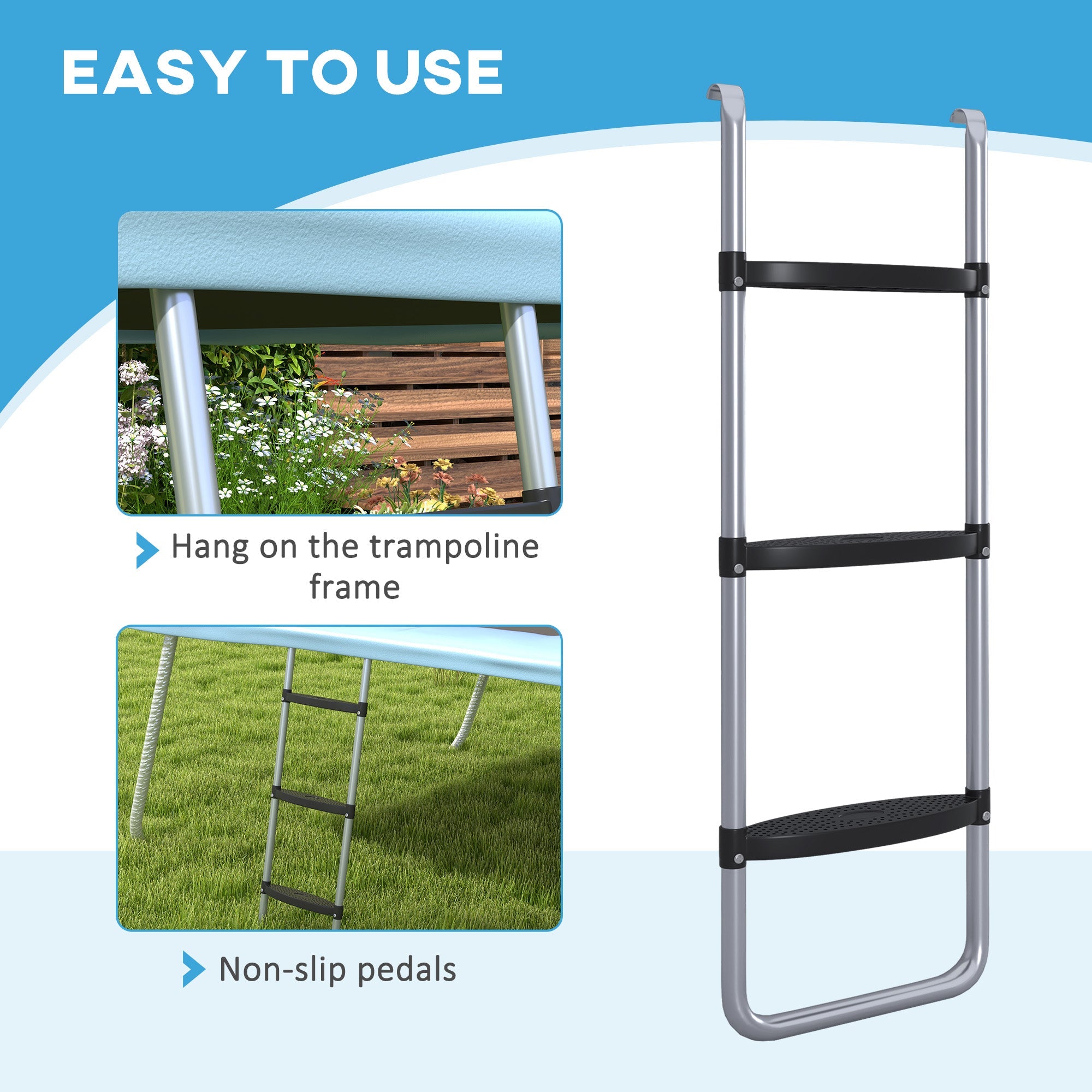 SPORTNOW Galvanised Steel Trampoline Ladder, 2 Steps/3 Steps Outdoor Trampoline Accessories for 6ft, 8ft, 10ft, 12ft, 13ft, 14ft, 16ft Trampoline, 97L x 32Wcm, Silver Tone 