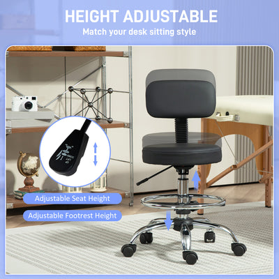 HOMCOM Drafting Chair, Office Chair with Backrest and Adjustable Footrest, Height Adjustable Stool, Leather Padded Rolling Task Chair for Home Office, Black 