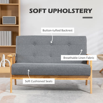 HOMCOM 2 Seater Sofa Modern Linen Fabric Upholstery Tufted Couch with Rubberwood Legs for Living Room and Kitchen, Dark Grey 