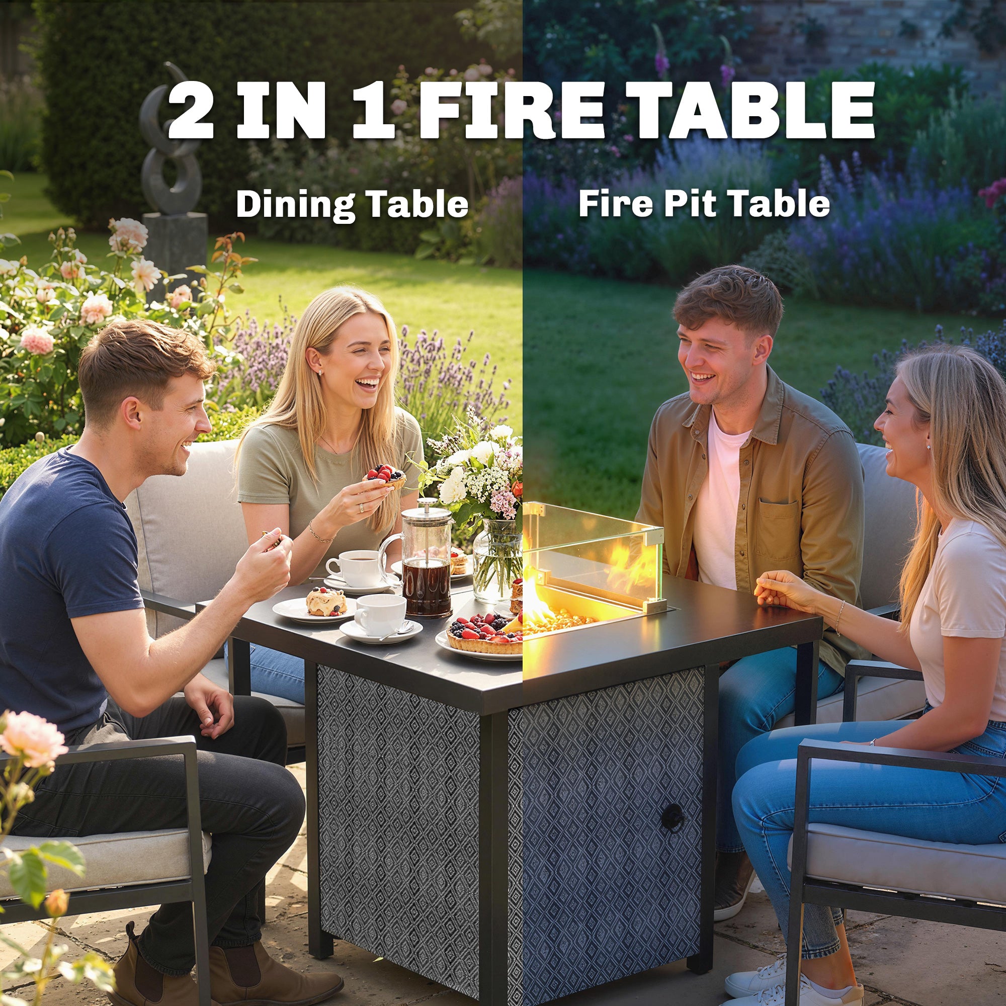 Outsunny Propane Gas Fire Pit Table for Garden, 11.7 KW Smokeless Firepit Outdoor Heater with Wind Guard, Glass Rocks, Lid, Black 