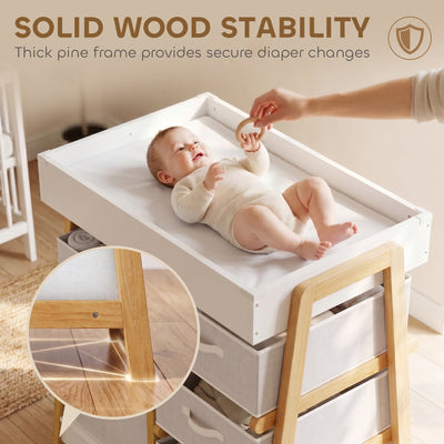 AIYAPLAY Baby Changing Table, Baby Changing Unit with 3 Drawers, Large Basket and Waterproof Pad for Bedroom Nursery, White