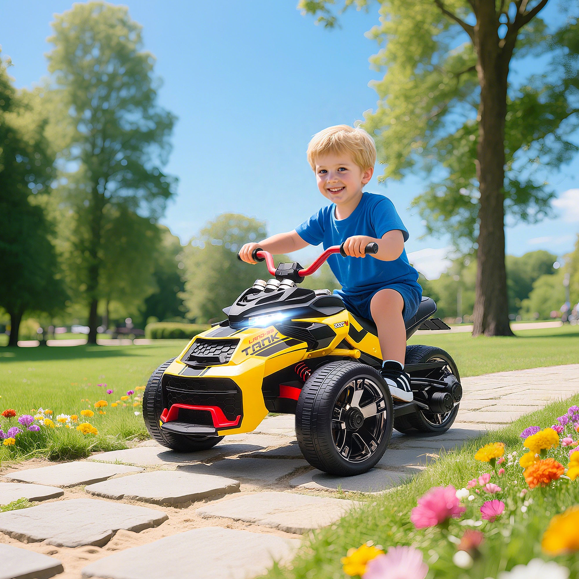 AIYAPLAY 12V Kids Electric Ride On Car with 3 Wheeler, MP3 Player, Horn, 2 Speeds, LED Lights for Boys & Girls Ages 3-8, Yellow 