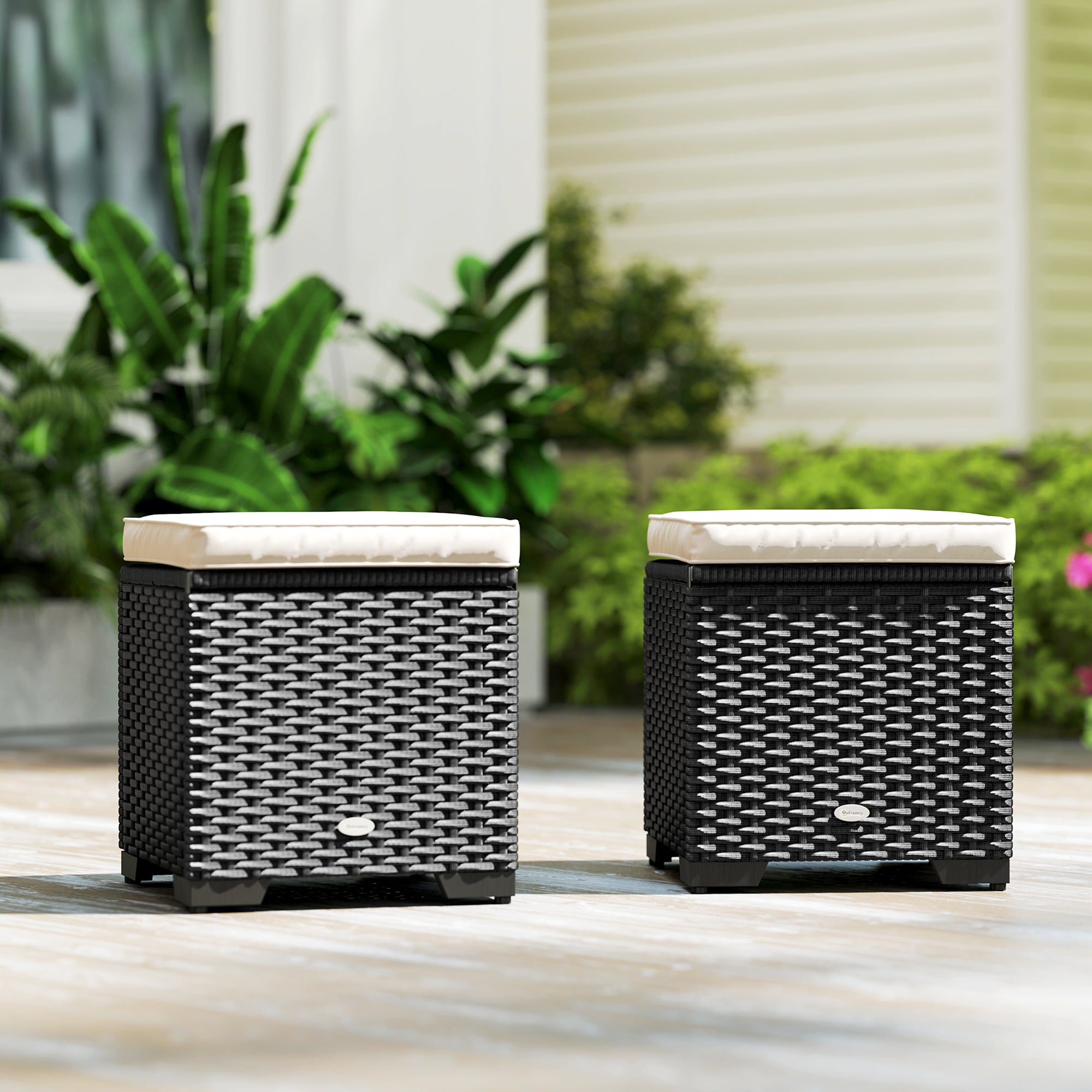 Outsunny Set of 2 Rattan Storage Ottoman, Outdoor Footstool with Removable Cushions, Garden Storage Seat for Balcony, Poolside, Living Room, Cream 