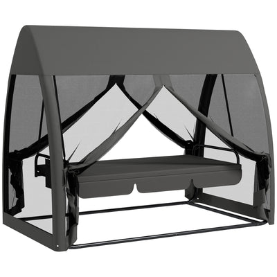 Outsunny Three-Seater Convertible Swing Chair/Bed, with Curtained Canopy - Grey 