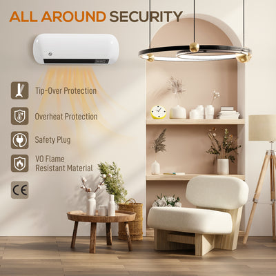 HOMCOM 2000W PTC Ceramic Fan Heater, Wall Mounted, 30° Oscillation, 50L x 19W x 14H cm - White