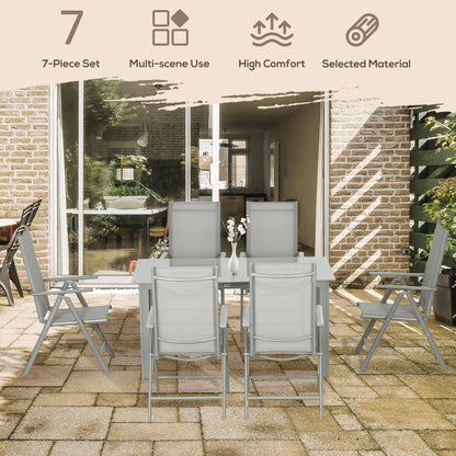 Outsunny 7 Piece Garden Dining Set, Outdoor Table and 6 Folding and Reclining Chairs, Aluminium Frame, Tempered Glass Top Table, Texteline Seats, Grey 