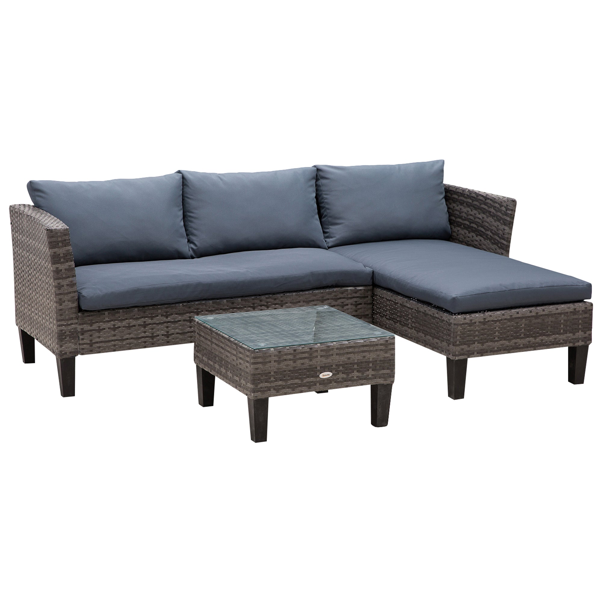 Outsunny 3 Pcs Garden Sofa PE Rattan Set w/ 2 Seats Square Glass Top Coffee Table Thick Cushions Solid Legs Metal Frame Patio Outdoor Balcony Patio L Corner Shape - Grey 