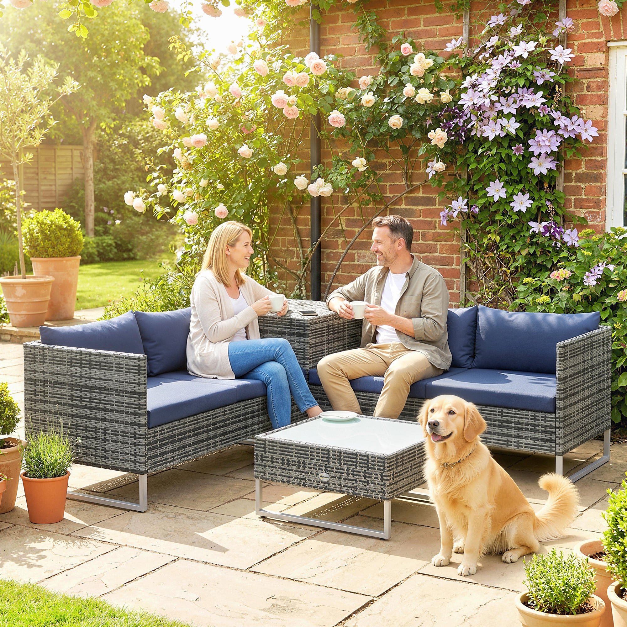 Outsunny 4 Piece Rattan Garden Furniture Set, Outdoor Corner Sofa Set with Storage Table, Loveseats, Cushions - Dark Blue 