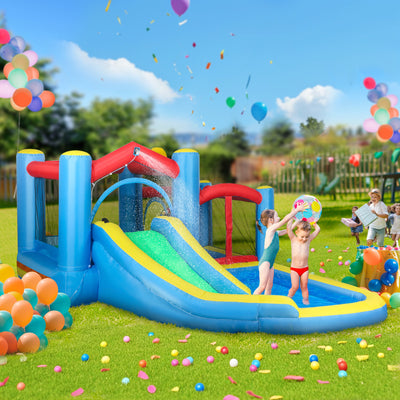 AIYAPLAY Inflatable Bouncy Castle with 550W Blower, Basketball Hoop, Long Slide, Dart Board, Carrying Bag, 385 x 290 x 180 cm 