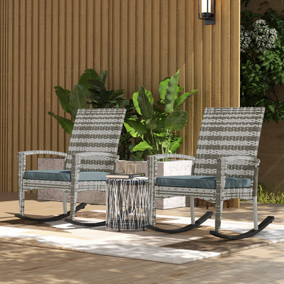 Outsunny Outdoor PE Rattan Rocking Chair Set of 2, Garden Rocking Chair Set with Armrest and Cushion, Light Grey 