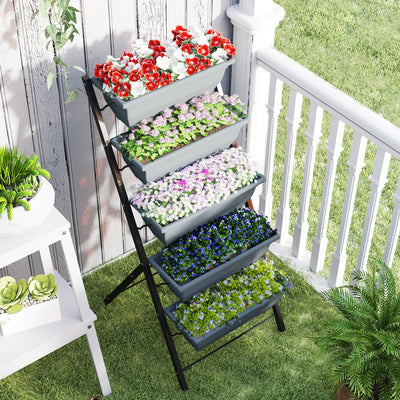 Outsunny 5-Tier Raised Garden Bed, Vertical Ladder Plant Stand with 5 Removable Boxes, Drainage Holes and Plugs, Indoor Outdoor Elevated Flower Herb Growing Box for Garden Patio Balcony, Grey 