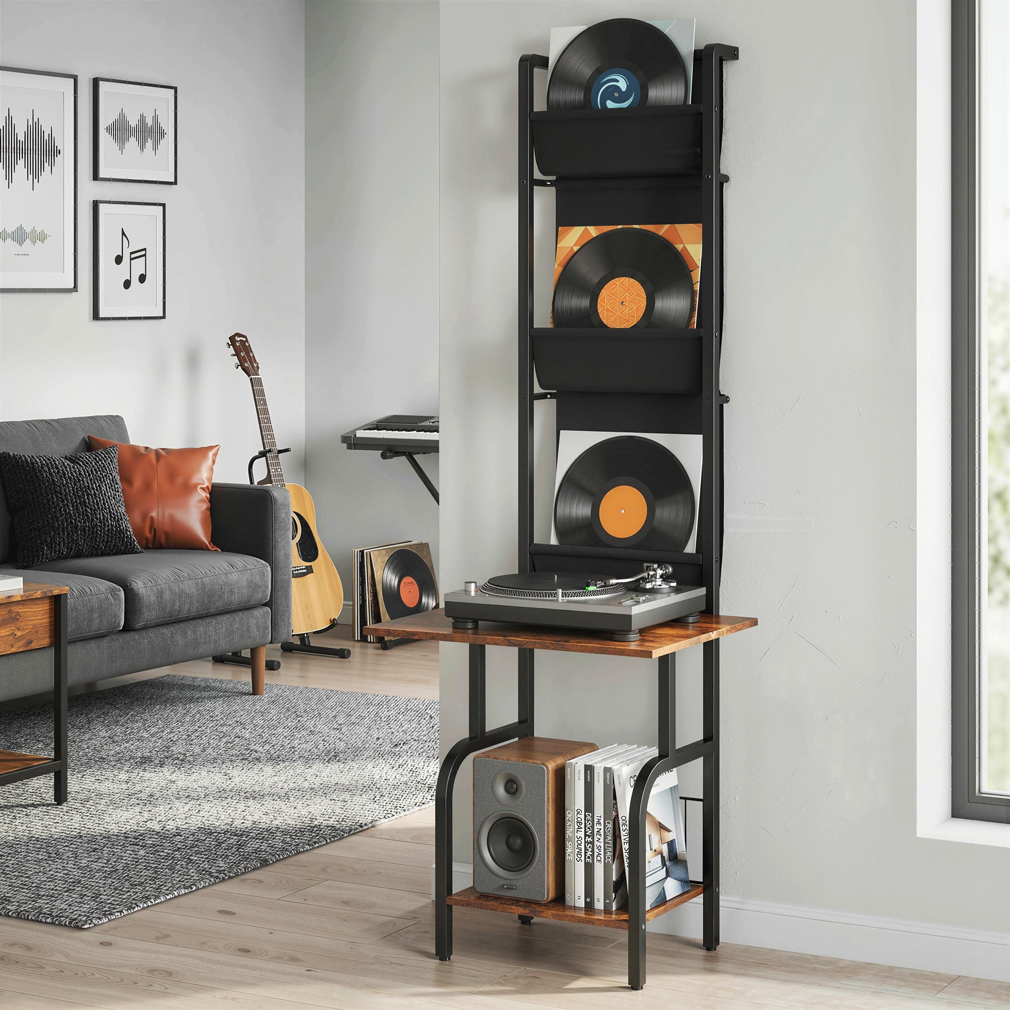 HOMCOM Vinyl Record Player Stand Record Storage with Player Stand Oxford Fabric Pockets Bottom Shelf Rustic Brown and Black 