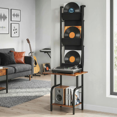 HOMCOM Vinyl Record Player Stand Record Storage with Player Stand Oxford Fabric Pockets Bottom Shelf Rustic Brown and Black 