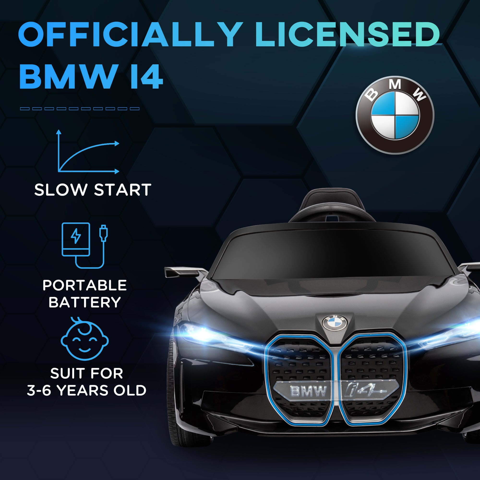 HOMCOM BMW i4 Licensed 12V Kids Electric Ride-On Car, with Remote Control, Portable Battery, Music, Horn, Headlights - Black