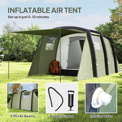 Outsunny Inflatable 3-4 Man Tunnel Tent w/ Air Pump, Living Area & Vestibule, Waterproof Family Camping Air Tent w/ Sewn In Groundsheet & Removable Footprint for Camping, Hiking, Olive Green 
