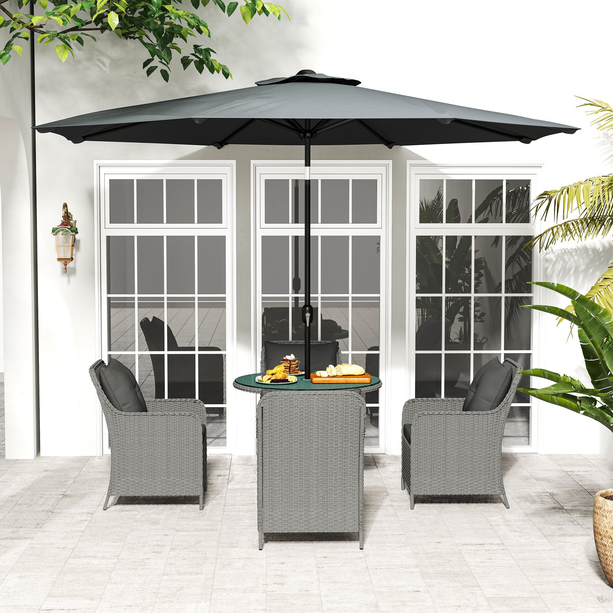 Outsunny 4 Seater Rattan Dining Set with Parasol & Cushions - Light Grey 
