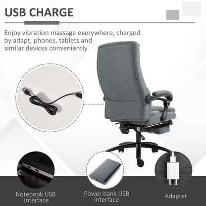 Vinsetto Office Chair, Fabric Desk Chair with Adjustable Massage Pillow, USB Power and Retractable Footrest, High Back, 360\'c2\'b0 Swivel, for Home, Grey