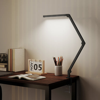 HOMCOM LED Desk Lamp, Dimmable Desk Light with Swing Arm and Clamp, Adjustable Eye-Caring Table Lamp with 2 Colour Modes & 5 Brightness Levels for Study, Drawing, Office, Architect, Task, Black 