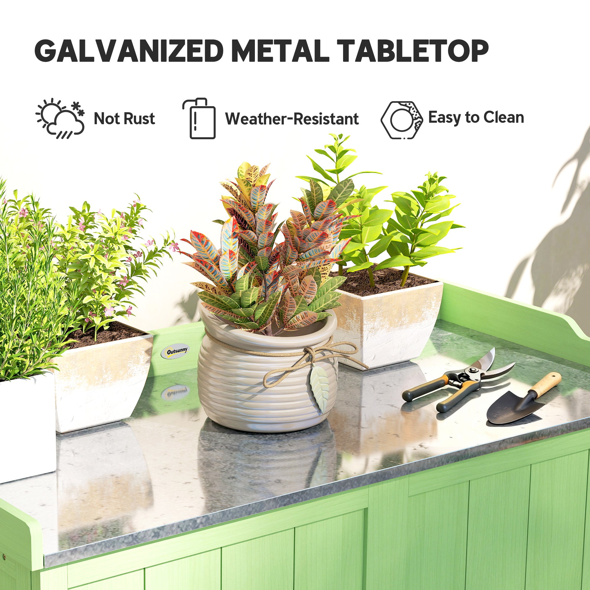 Outsunny Wood Garden Storage Cabinet, Outdoor Tool Shed, Potting Bench Table with galvanised Top and Two Shelves for garden Tools or Pool Accessories, Green 