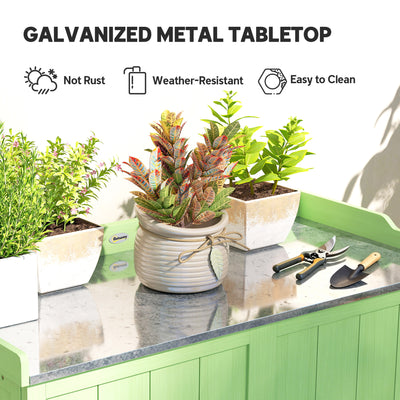 Outsunny Wood Garden Storage Cabinet, Outdoor Tool Shed, Potting Bench Table with galvanised Top and Two Shelves for garden Tools or Pool Accessories, Green 