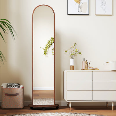 HOMCOM 2-in-1 Full Length Mirror with Storage Shelves, Floor Mirror with 4 Wheels, Coat Rack, Hooks, Brown Wood Effect