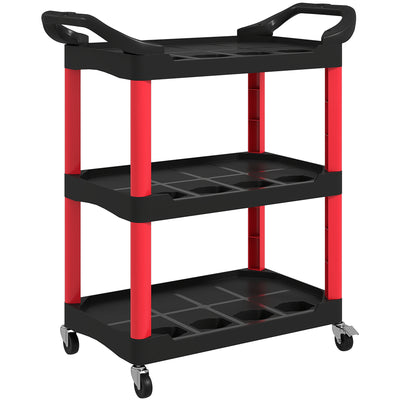 HOMCOM 3-Tier Rolling Tool Cart, Tool Trolley on Wheels, Plastic Mobile Service Utility Cart with Handles for Garage, Mechanics and Warehouse, 91kg Capacity, Black and Red 