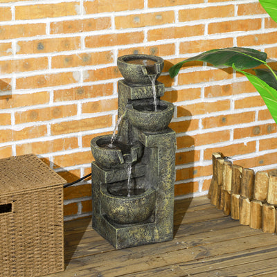 Outsunny Garden Water Feature Waterfall Fountain with 4-Tier Stone Look Bowls, Adjustable Flow, Black and Yellow 