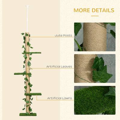 PawHut 242cm Adjustable Floor-To-Ceiling Cat Tree, with Artificial Decoration, Perches, Anti-Slip Kit - Green 