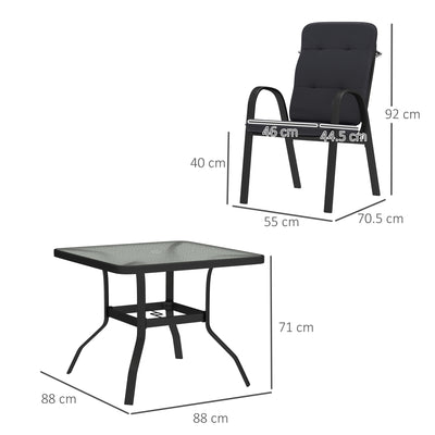 Outsunny 5 Pieces Outdoor Square Garden Dining Set w/ Tempered Glass Dining Table 4 Cushioned Armchairs, Umbrella Hole, Black 