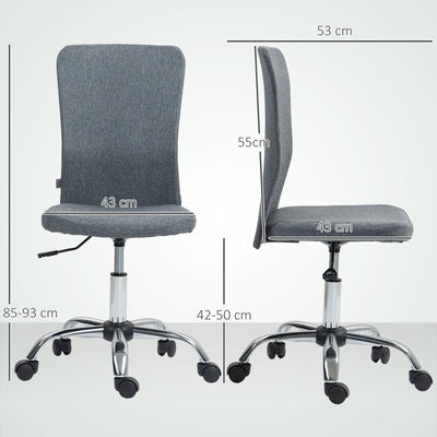 HOMCOM Armless Computer Desk Chair, Fabric Swivel Office Chair, Makeup Vanity Chair with Height Adjustable, Wheels, for Home Study Bedroom, Grey 