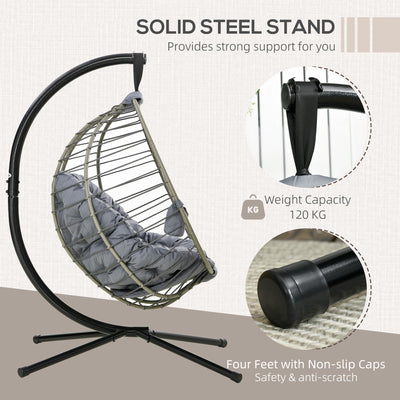 Outsunny PE Rattan Swing Chair, Outdoor Hanging Chair with Metal Stand, Thick Padded Cushion, Foldable Basket and Cup Holder, for Indoor and Outdoor, Grey 