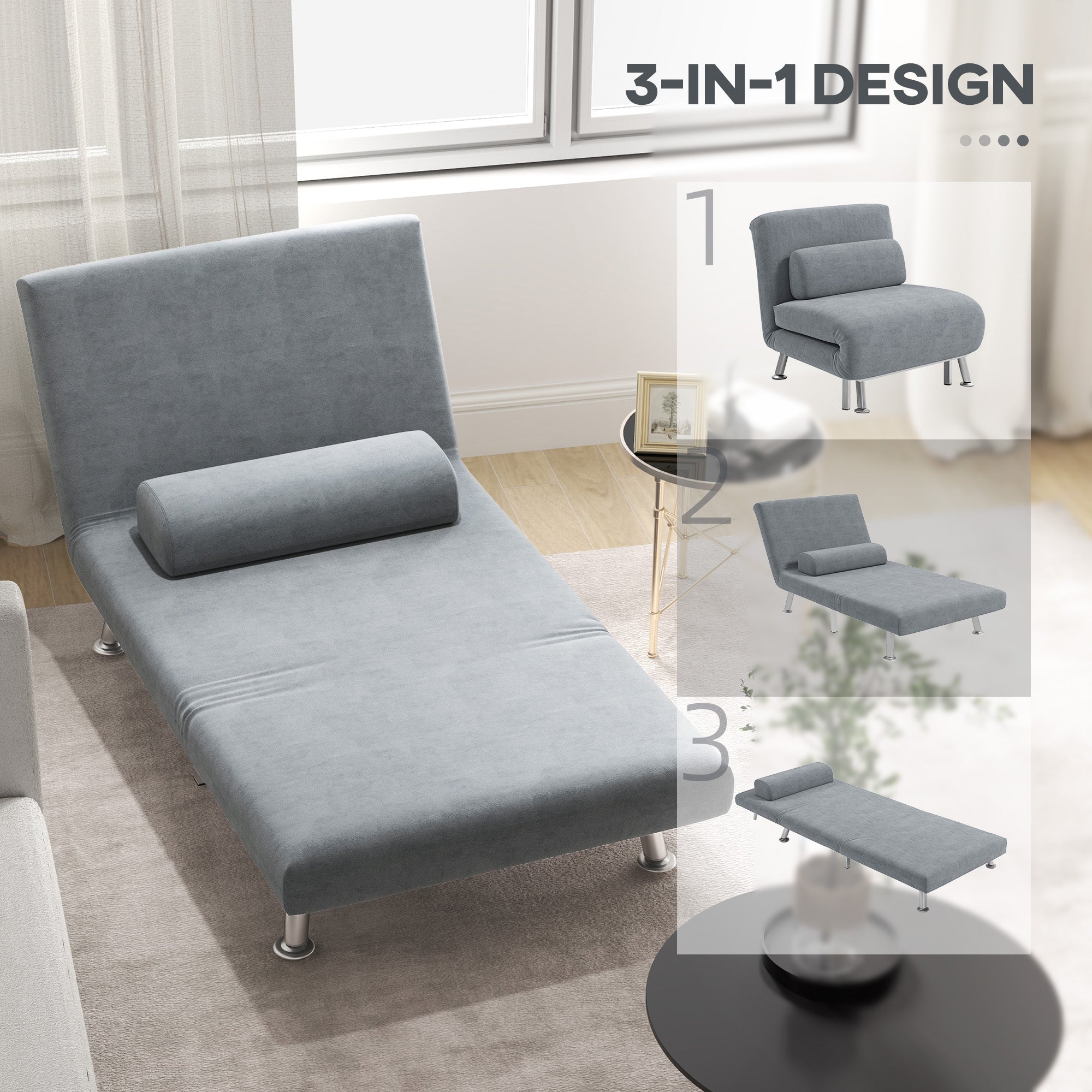 HOMCOM Single Velvet-Feel Sleeper Chair - Grey 