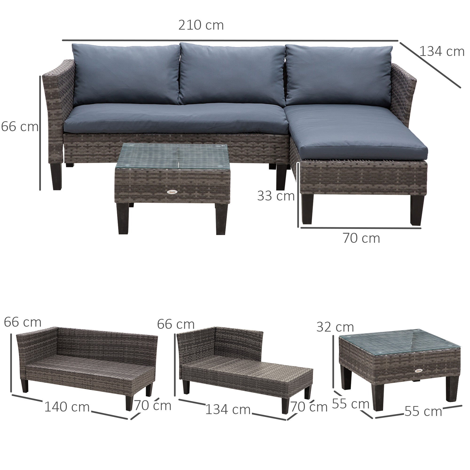 Outsunny 3 Pcs Garden Sofa PE Rattan Set w/ 2 Seats Square Glass Top Coffee Table Thick Cushions Solid Legs Metal Frame Patio Outdoor Balcony Patio L Corner Shape - Grey 