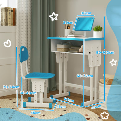 HOMCOM Kids Adjustable Desk and Chair Set, Book Stand, Pen Slot - Blue 