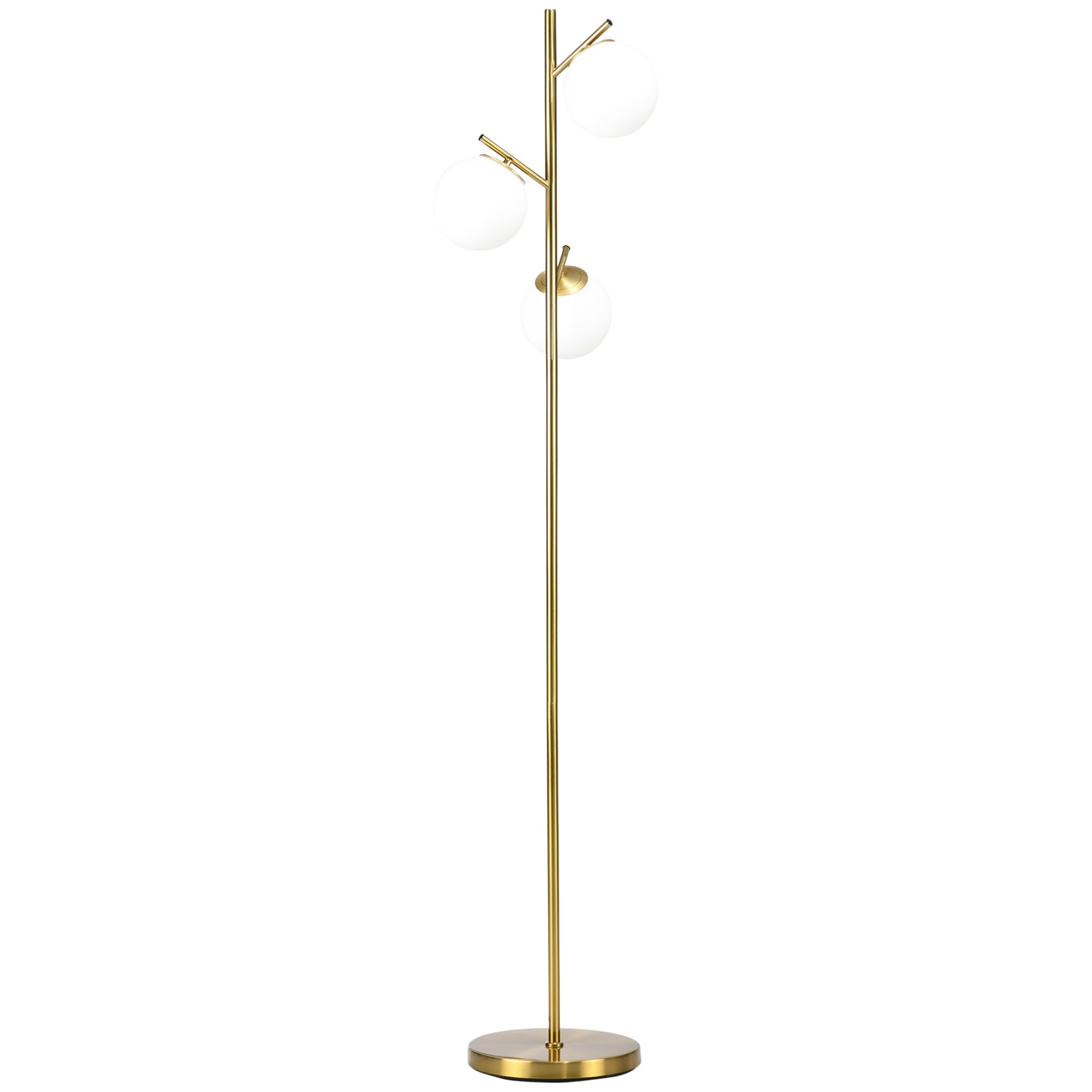 HOMCOM 3-Light Tree Floor Lamps for Living Room, Modern Standing Lamp for Bedroom with Globe Lampshade, Steel Base, Bulb not Included, Gold Tone 