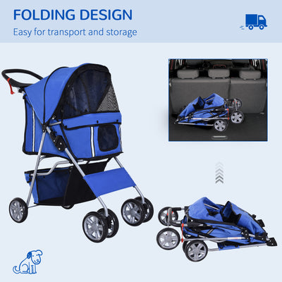 PawHut Dog Stroller with Rain Cover for Small Miniature Dogs, Folding Pet Pram with Cup Holder, Storage Basket, Reflective Strips, Blue 
