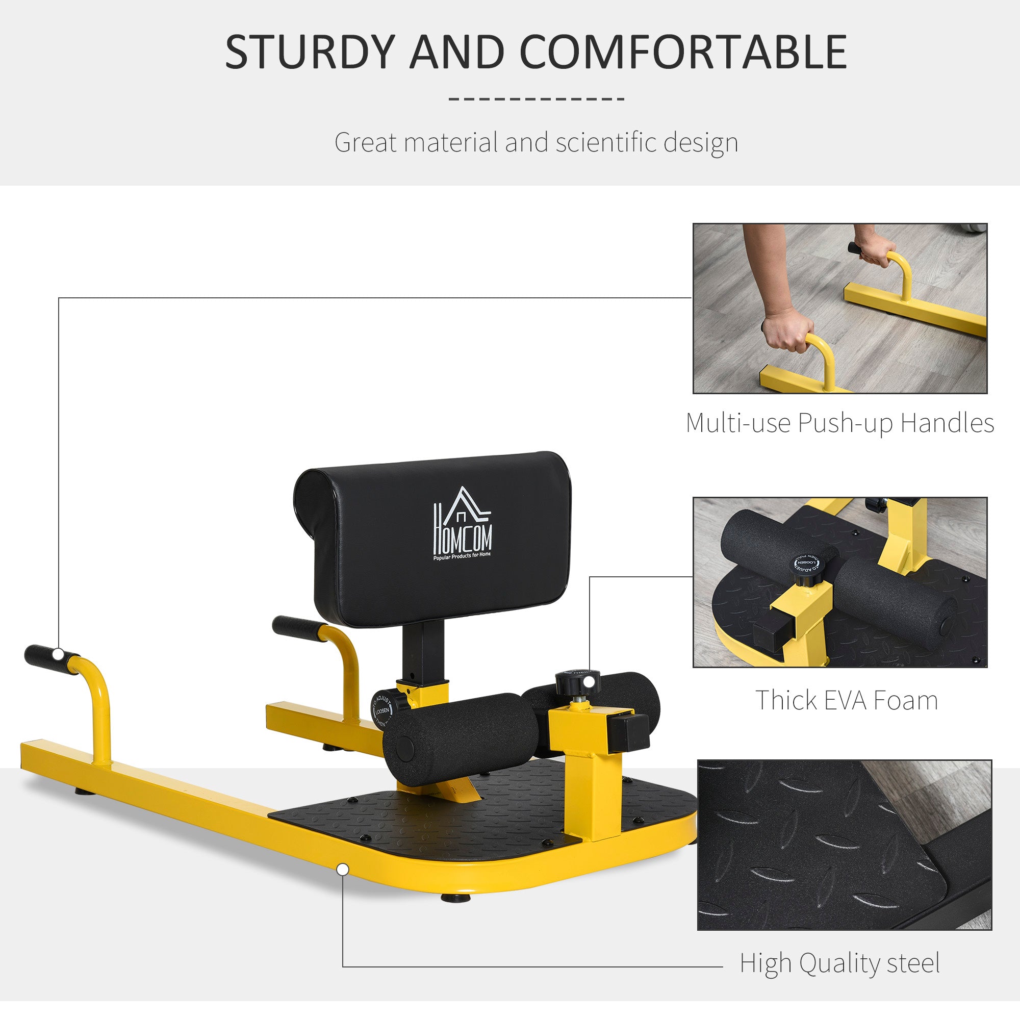 HOMCOM Squat Machine with Push Up Stand, Padded Hip Thrust Bench with Adjustable Cushion for Home Gym Work Out, Yellow 