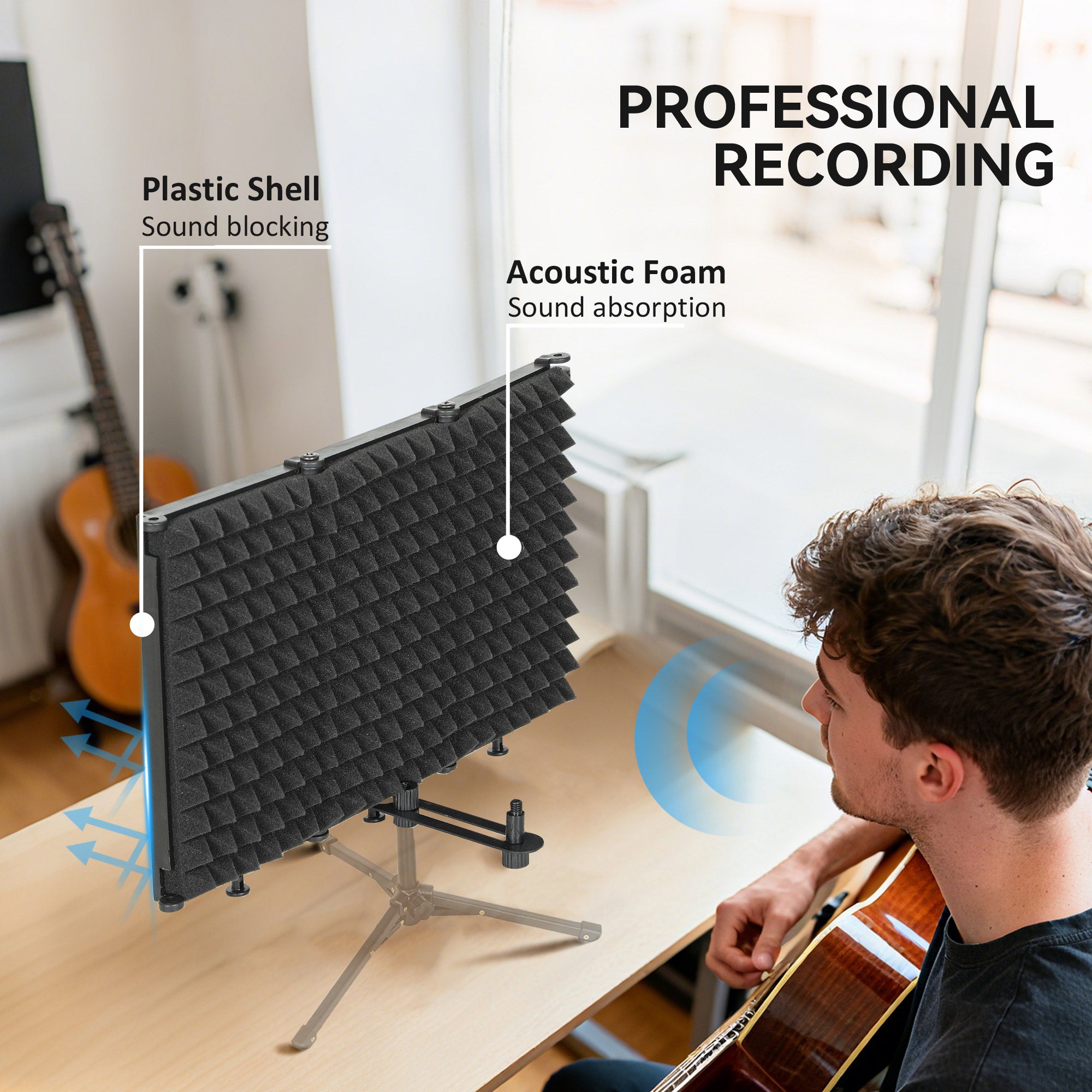 HOMCOM Studio Microphone Isolation Shield, Foldable Adjustable Recording Studio Equipment, 3-Panel High Density Absorbent Foam Shield with 3/8" Threaded Mount, Black 