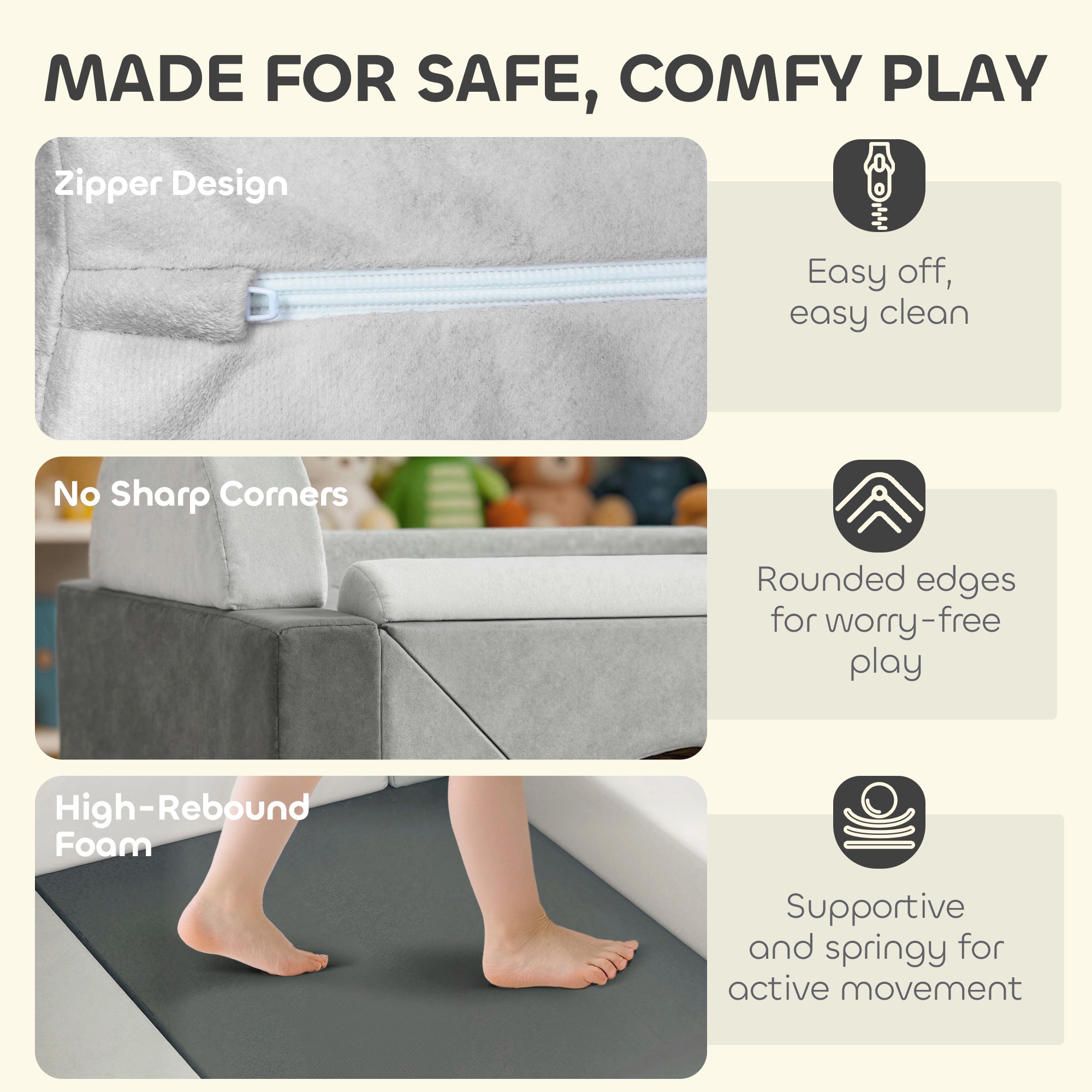 AIYAPLAY Kids Play Sofa, 12 Pieces Foam Modular Soft Play Set for Playroom, Children Convertible Sofa for Boys and Girls, Grey 