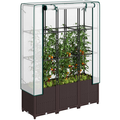 Outsunny Raised Garden Bed with Trellis, Plastic Planter Box with Drainage Holes and Drain Plugs for Climbing Plants, Vegetables, Flowers, 120 x 40 x 140 cm 
