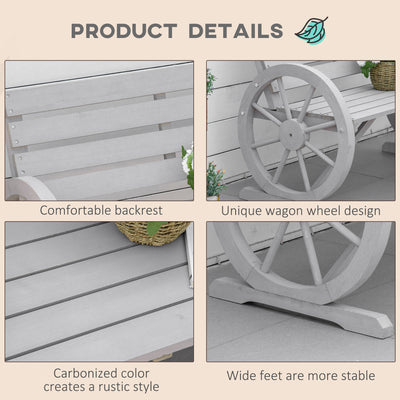 Outsunny Wooden Cart Wagon Wheel 2 Seater Garden Bench Outdoor Garden Armrest Chair Rustic High Back Loveseat Grey 