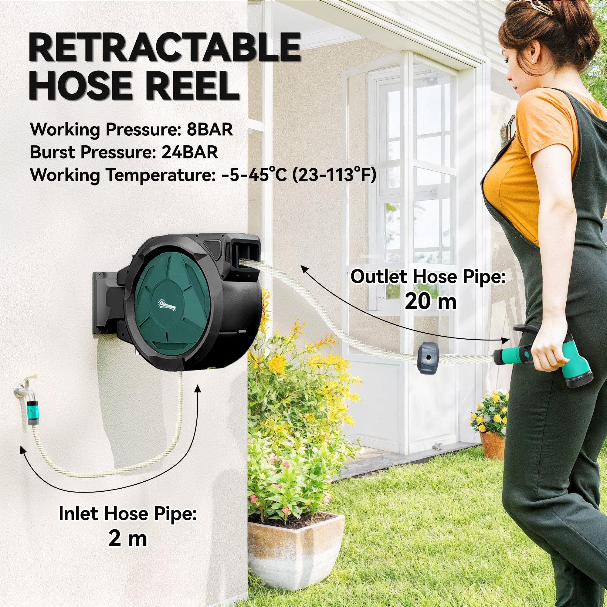 Outsunny Retractable Hose Reel Wall Mounted, 20+2m Garden Hose Pipe Reel with Lock, Auto Rewind, 7 in 1 Spray Nozzle, Includes Wall Fixings, 180° Swivel, Outdoor Watering, 54 x 20 x 39 cm, Black 