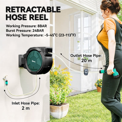 Outsunny Retractable Hose Reel Wall Mounted, 20+2m Garden Hose Pipe Reel with Lock, Auto Rewind, 7 in 1 Spray Nozzle, Includes Wall Fixings, 180° Swivel, Outdoor Watering, 54 x 20 x 39 cm, Black 