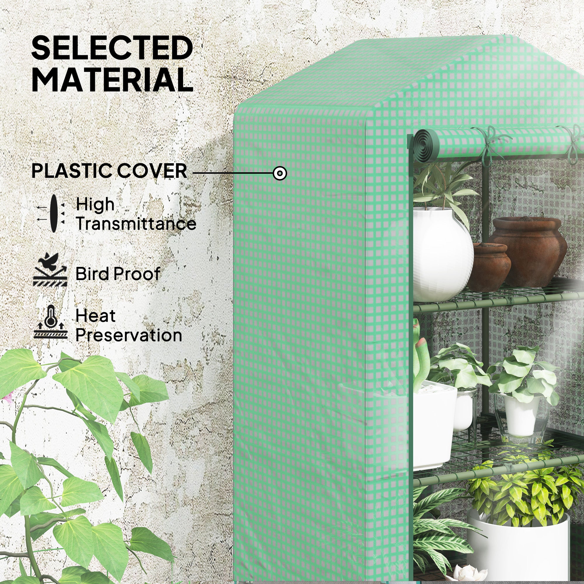 Outsunny 3 Tier Mini Greenhouse Portable Garden Grow House with Roll Up Door and Wire Shelves, 69 x 49 x 125 cm, Green 
